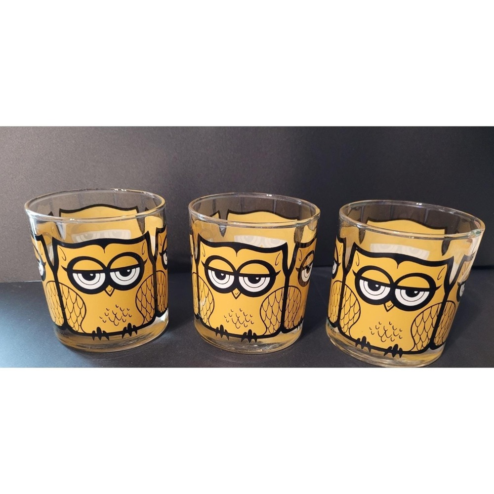 Set of 3 Libbey Owl Lowball Glasses M Petti Mid Century Barware Vintage Rocks